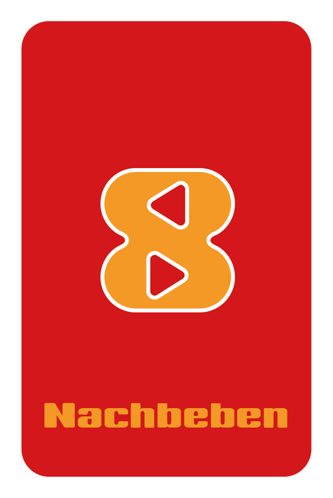 Front design of a red playing card from Rapid Rumble. It features the number 8 in orange, and the word 'Nachbeben' written at the bottom in bold orange letters.